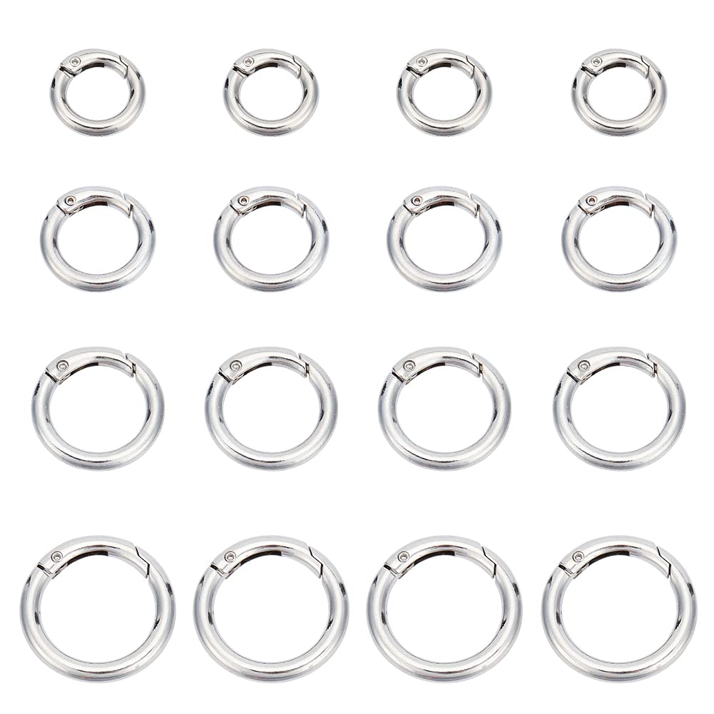 PH PandaHall 16 Pcs Spring O Ring Round Carabiner Snap Clip Hook Trigger Spring Keyring Buckle 4 Styles for Collars Bags Purses Keychain, Platinum