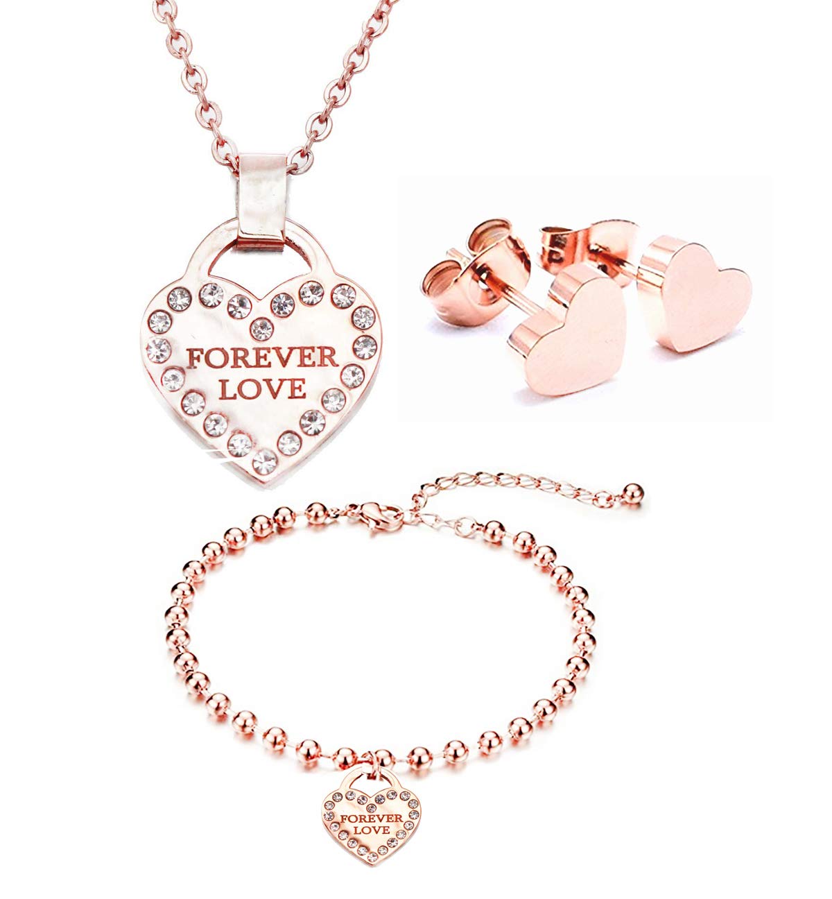 Mixiueuro Women Girls Heart Jewellery Sets 14k Rose Gold Plated Stainless Steel Cubic Zirconia Heart Pendant Necklace Stud Earrings And Charms Bracelet Minimalist Style Nickel Free