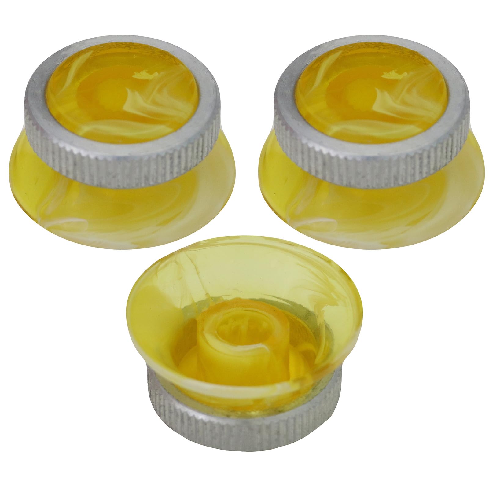 Pack of 3 6mm Splined Hole UFO Marbled Guitar Tone/Volume Knob With Knurled Aluminium Grip Ring (Yellow)