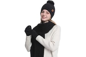 2THESTARS Women's Winter Hat Scarf Gloves Set, 3-Piece Knitted Set with 3D Cube Pattern, Fleece Lining, Touchscreen Gloves