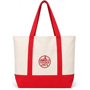 Large Canvas Tote Bag for Trader Joe's, Reusable 12 oz Cotton Tote Bag with Embroidered, Front Pocket & Reinforced Bottom for