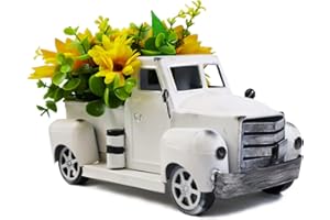 Fleecy day Vintage Truck Décor, Farmhouse Rustic Metal Truck Planter Pickup Car Model Gift, Tabletop Decorative Storage & Pick-up Metal Truck Planter with Sunflower(White)