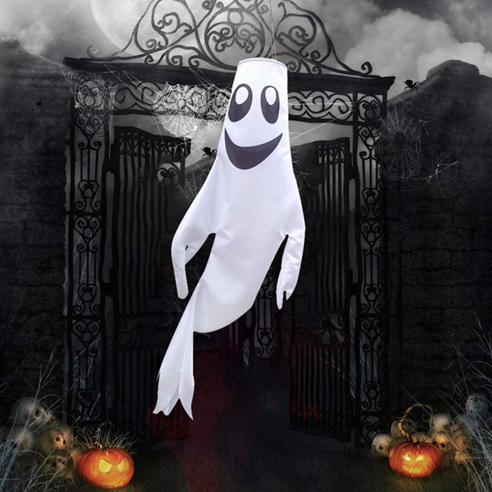 Halloween Windsock Flag Spooky Garden Flag Ghost Shape Windsock Flags Halloween Outdoor Hanging Decoration Party Decor With Pole Clips For Home Yard Garden Patio Pathway Lawn Tree 39.4inch