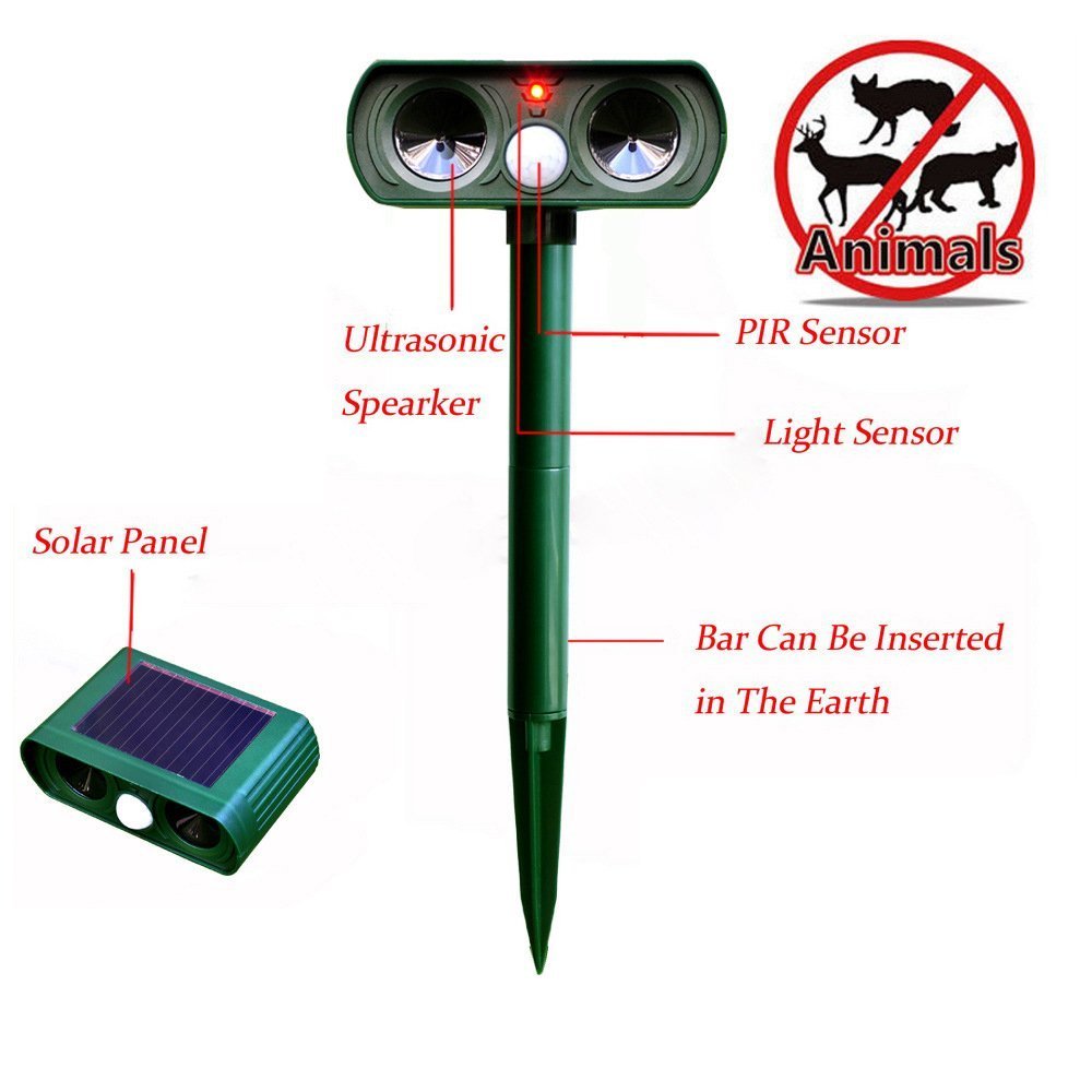 Cat Repellent Ultrasonic Animal Repeller Solar Battery Operated Motion Activated Outdoor Waterproof Electronic Cat Scarer Deterrent with Ground Stake for Fox, Squirrel, Mice - Yard, Lawn and Farm