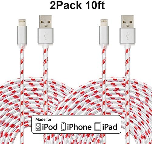 [2 pack 10ft] Antopdirect Nylon Braided Sync and Charge Lightning to USB Cable (Red in white)