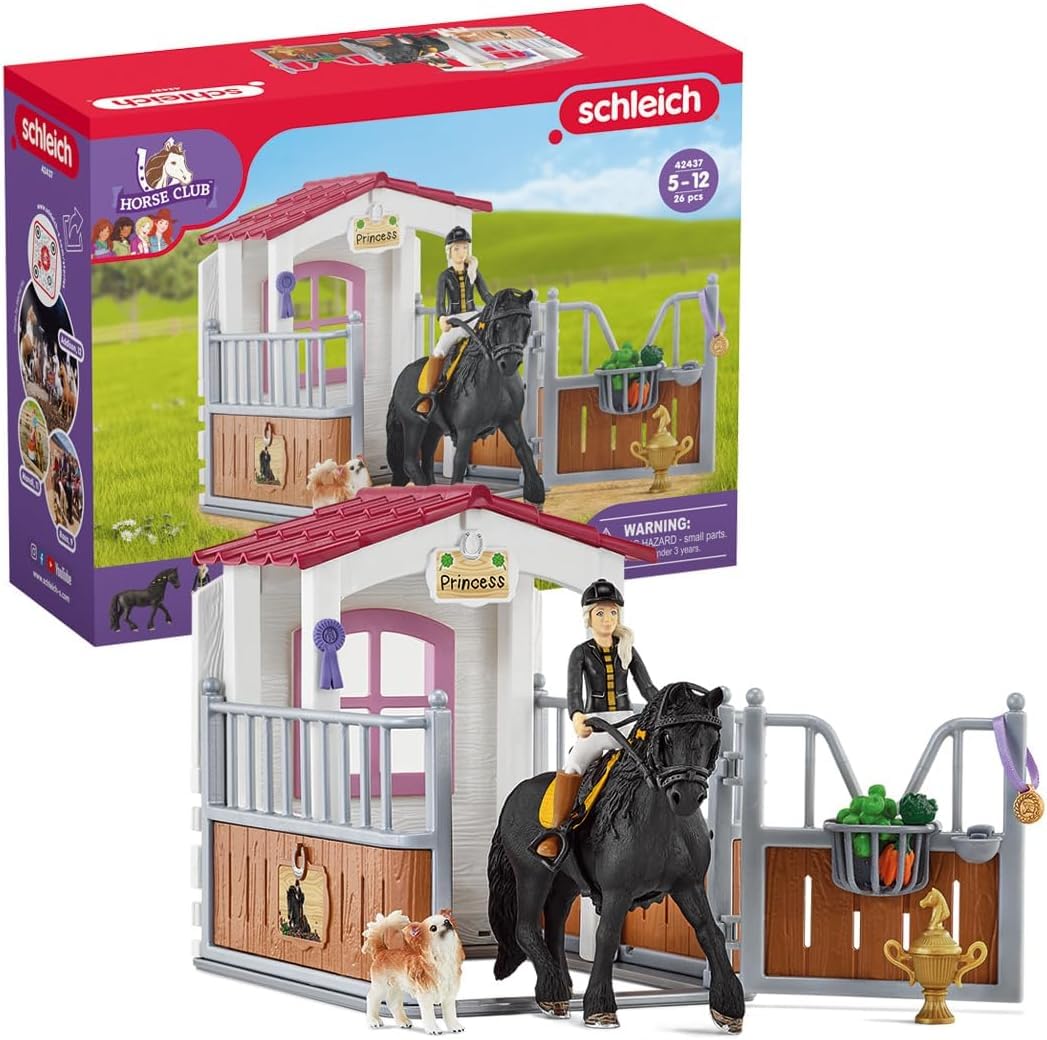 SCHLEICH Horse Club - 26 PC Tori and Princess Horse Toy Stall Playset with Dog Figurine and Accessories - Realistic, Posable Rider Figure and Pony Toys for Girls and Boys - Kids Ages 5+ - 42437