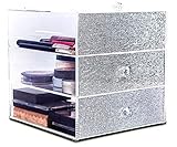 JiBen High Quality Clear Acrylic Makeup and Jewelry Organizer, Cosmetic Display or Storage Box, With 3 Tiers (2 Large Drawers and 1 Flip-Up Lid Top) (silver)
