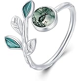 CUOKA MIRACLE Leaf Moss Agate Ring S925 Sterling Silver Moss Agate Rings For Women Engagement Adjustable Rings Leaf Moss Agate's Jewelry Gifts For Women Mother's Day Jewelry Gifts