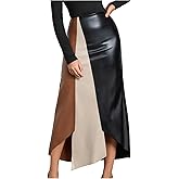GORGLITTER Women's Leather Long Skirt High Waisted Patchwork Asymmetrical Hem A Line Bodycon Maxi Skirts