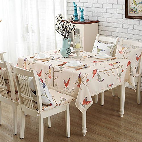 Lesic Rual Elegant Beige Bird Print Tablecloth Cover With Lace Edge,53x86 inches (135x220cm)