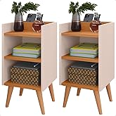 Mesas de Cabeceira Charme Compacta com Pés Retrô Nicho e Prateleira Conjunto com 2 Unidades (Off White/Cinamomo)