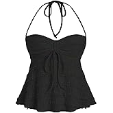 ASKHOPE Women's Ruched Halter Tops Peplum Cami Tops Y2K Drawstring Tie Crop Top for Summer Going Out Dressy Casual
