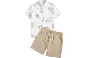 Men's 2 Piece Tropical Outfit Button Up Shirts and Drawstring Waist Shorts Sets