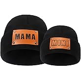 HENWASAI 2PCS Parent-Child Beanie Hat Mama and MINI Leather Patch Knitted Hat Winter Warm Cuffed Ski Cap