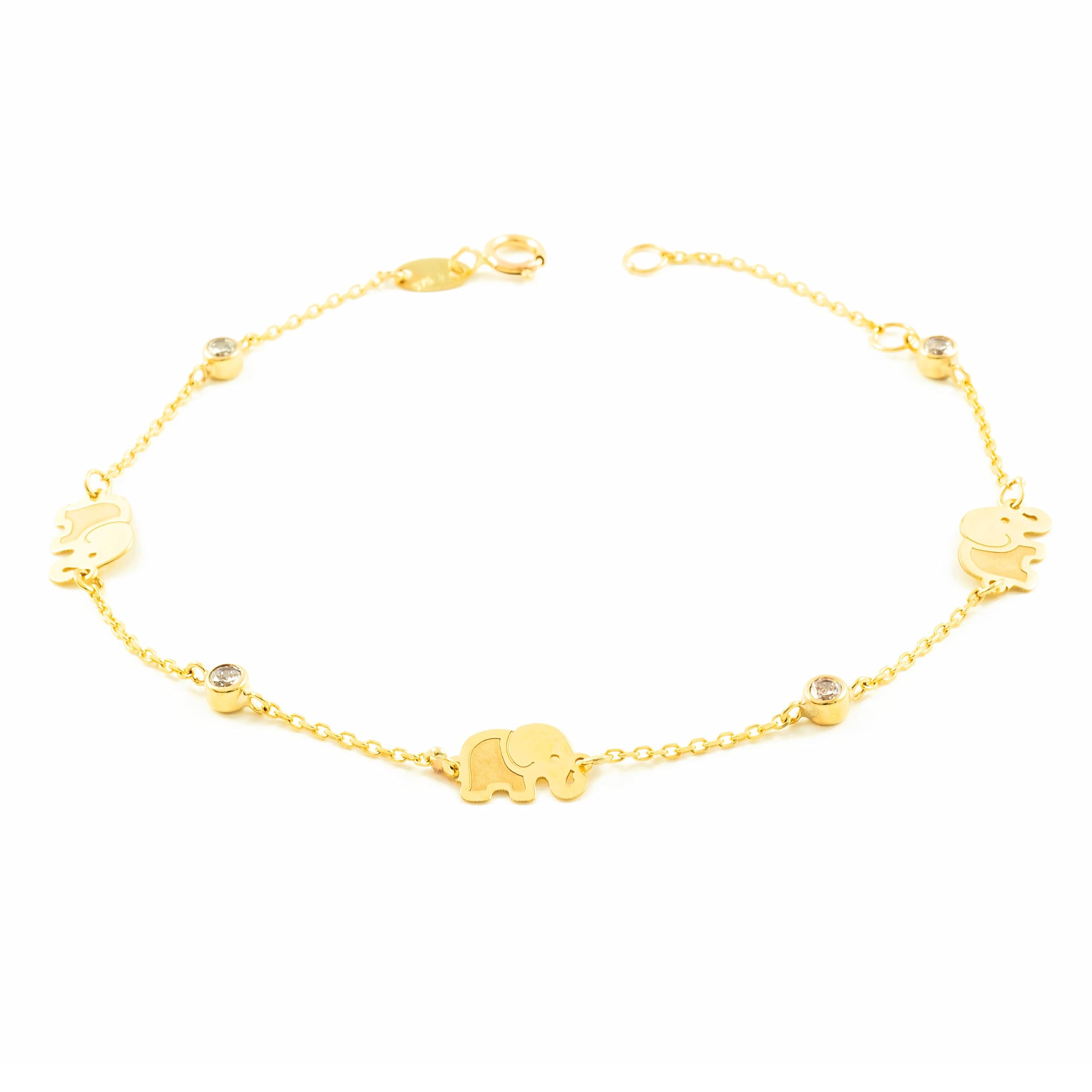 Monde Petit - 9ct Yellow Gold Elephant Circonitas Matte and Shine Women's Bracelet 18 cm
