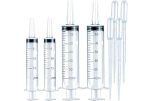 THINKPRICE 4 Pack Large Syringes for Liquid, 20ml & 60ml Plastic Syringe for Measuring, Lip Gloss TKP Lipgloss Base Flavoring Oil Food Oral Medicine Injection Feeding- with Tip Cap and Pipettes