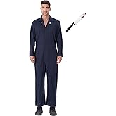 aicoaub Adult Halloween Killer Costume Navy Blue Coverall Men Jumpsuit with Blood Knife Killer Horror Cosplay Costume Set