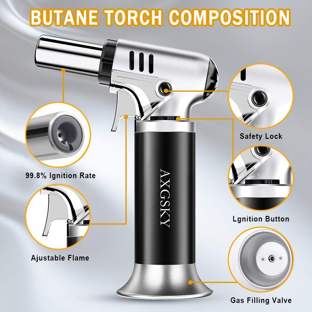 DLYM Butane Torch Lighters, kitchen torch Refillable Adjustable Flame Kitchen Torch with Safety Lock & Adjustable Flame for BBQ, Creme Brulee, Baking, DIY Soldering (Butane Gas not Included) (Silver): Home Improvement