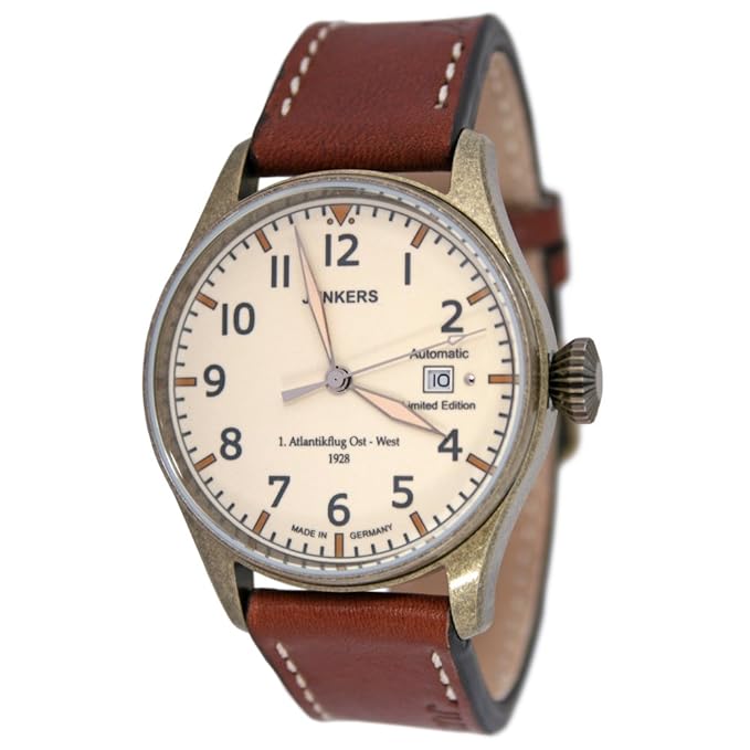 Junkers Automatik Herren Flieger Uhr Limited Edition 1. Atlantikflug Ost-West v. 1928 mit Leder Armband