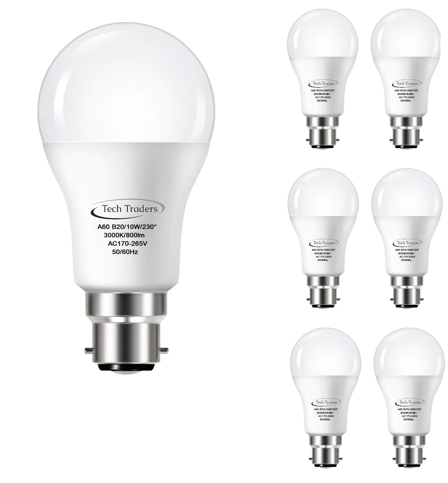 (5 Pack) A60 B22 LED Light Bulb, Tech Traders Bayonet 10W A60 3000K Warm White, Equivalent to 100W, Ultra Bright 800Lm Non-Dimmable (Warm White 3000K)