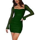Lrady Women's Sexy Long Sleeve Bodycon Mini Dress Mesh Square Neck Slim Fit Ruched Party Club Short Dresses