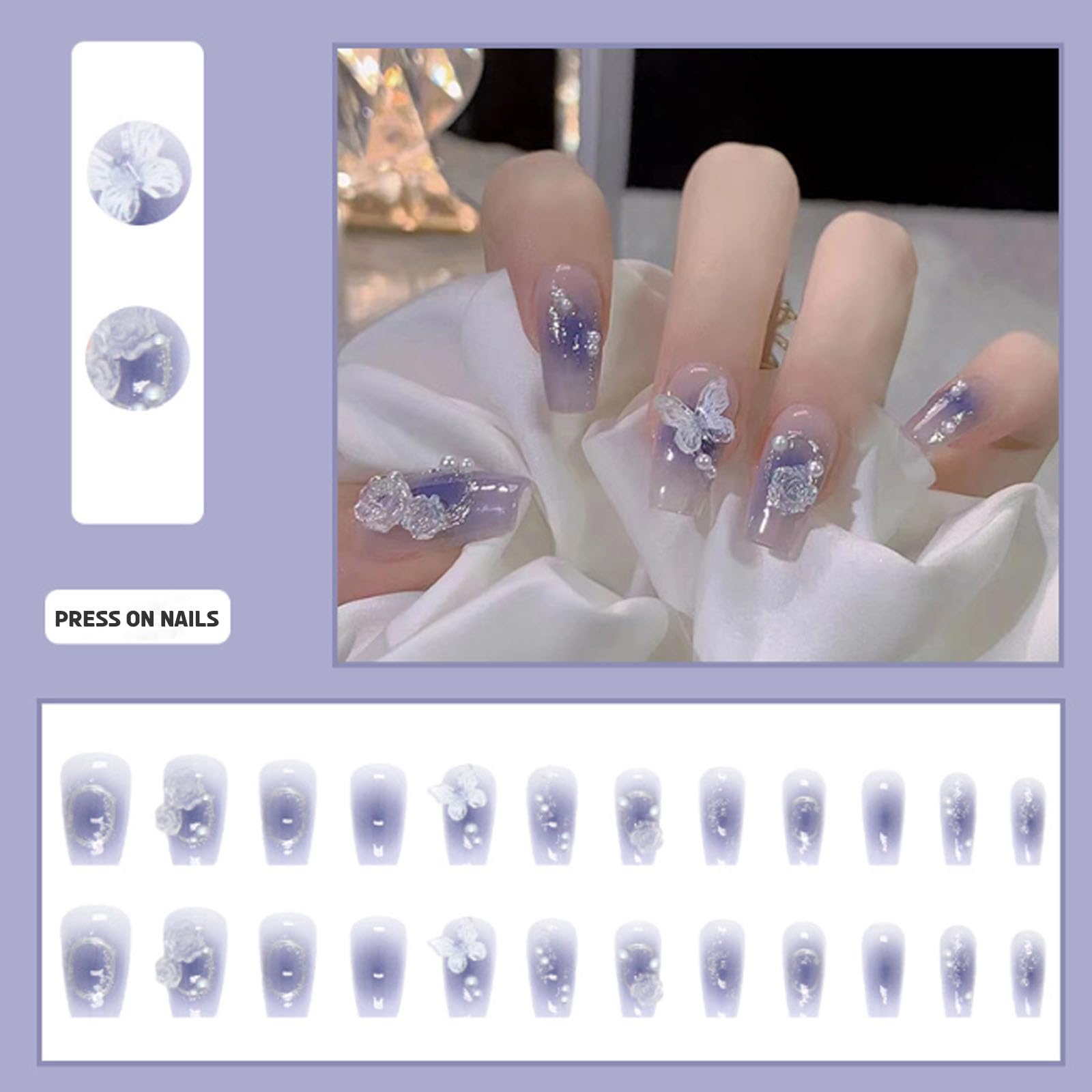 Hkanlre Press on Nails Purple Medium Fake Nails Tips Full Cover Gradient False Coffin Butterfly Nails for Women and Girls 24PCS - Image 5