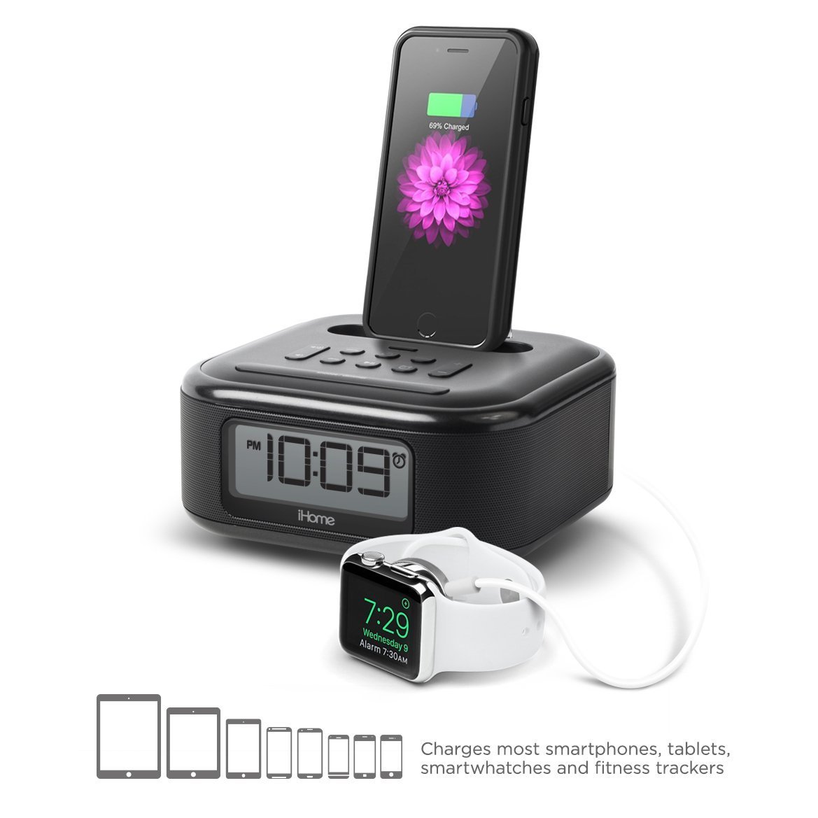 iHome iPL23V2BX Alarm Clock FM Radio with Lightning iPhone Charging Dock  Station for iPhone Xs, XS Max, XR, X, iPhone 8/7/6 Plus USB Port to Charge  Any USB ...