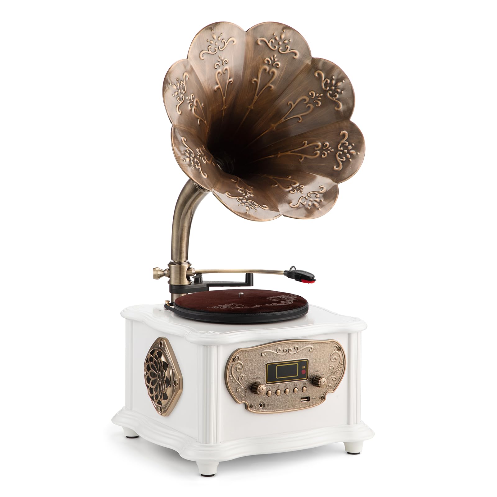 Photo 1 of Retro Phonograph Record Player Bluetooth Speaker with with Copper Horn Nostalgic Vintage Vinyl Gramophone Turntable for Home Decoration Aux-in USB (with Record Player White)