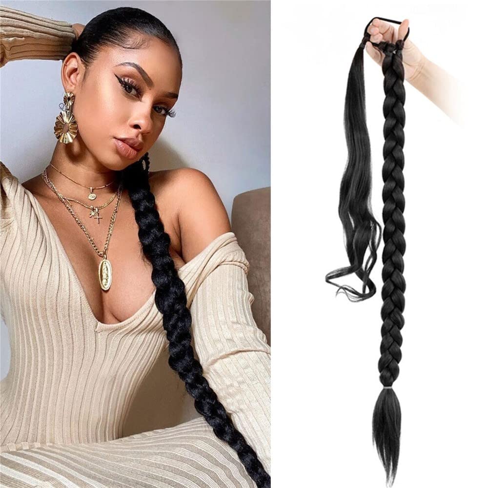 32 inch DIY Braided Ponytail Extension with Hair Tie, Long Straight Wrap Around Ponytail Hair Extensions Soft Synthetic Pony Tail Hairpieces for Women Girls Black (2#)