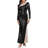 Cololura Women Sexy Elegant Sequin Patchwork Long Sleeve Bodycon Maxi Dress Party Evening Gown Formal Dress