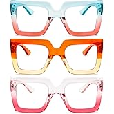 REAVEE 3 Pack Oversized Reading Glasses for Women Large Frame Extra Wide, Blue Light Blocking Stylish Thick Square Readers