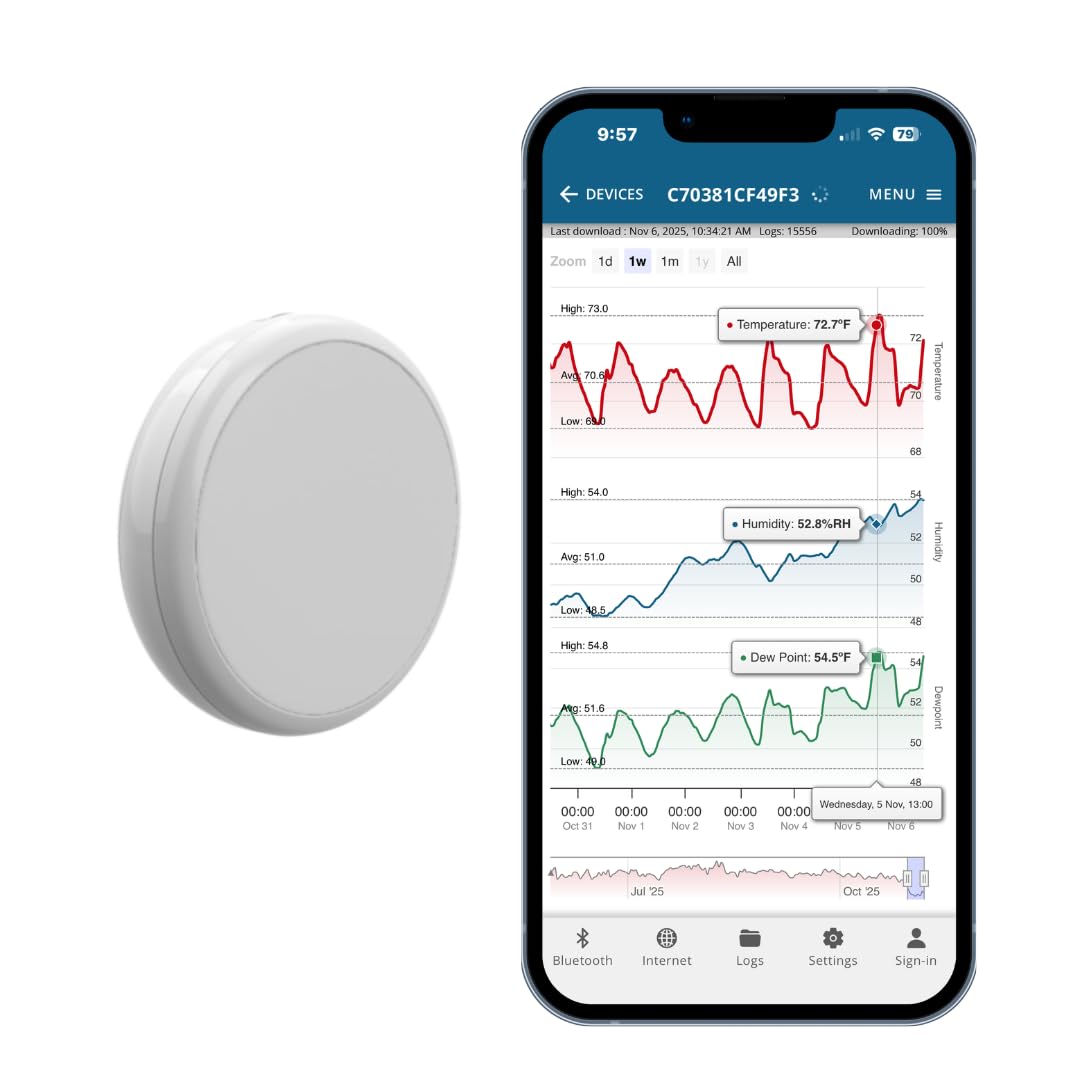 Disc Maxi 3 in 1 Wireless Indoor Outdoor Thermometer, Hygrometer & Dew Point Sensor & Data Logger, Smart Temperature Humidity Monitor with ALERTS Bluetooth Compatible