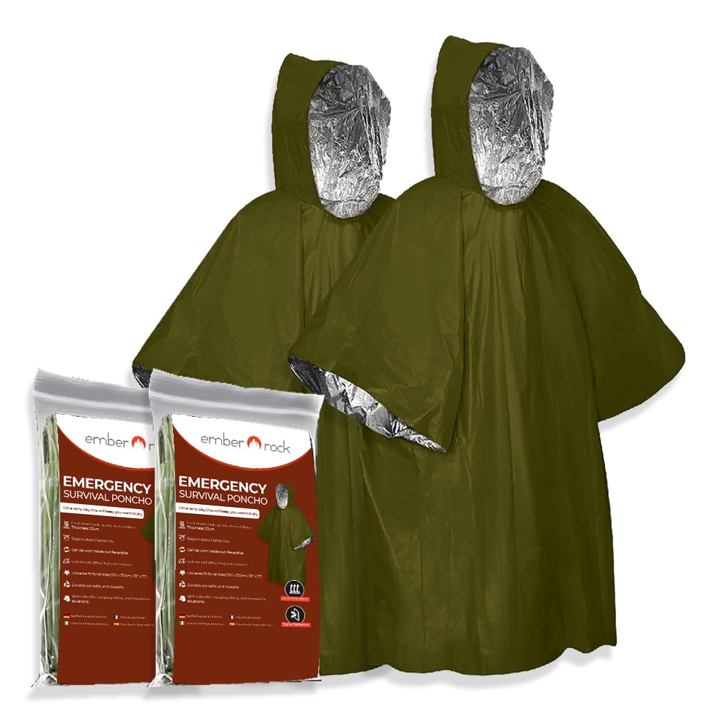 Ember Rock Emergency Survival Rain Poncho - 2 Pack Thermal Mylar Foil Blanket - Reversible Waterproof Heat Retention Rain Protection - Bushcraft Outdoor Gear