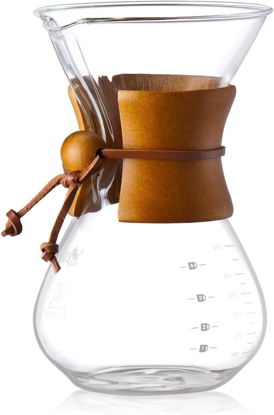 Diguo Glass Coffee Maker, Classic Series Glass Coffeemaker. Real Wood Collar and Leather Tie. Perfect for Pour Over and Hand Drip Coffee Making. 600ml / 20oz / 4-5 Cups