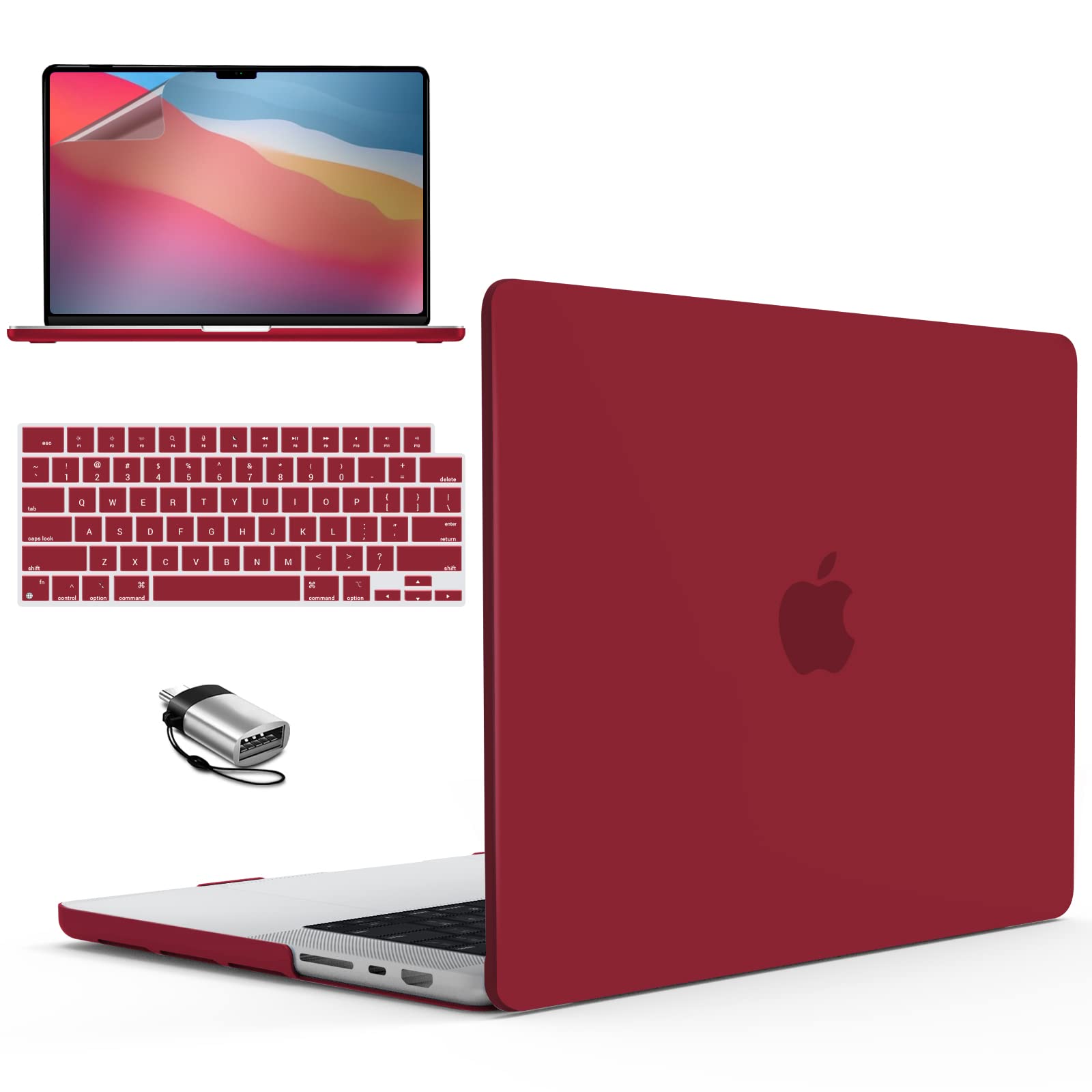 Photo 1 of IBENZER Case for MacBook Pro 14 Inch Case 2025 2024 M4 M3 M2 M1 A3112 A3185 A3401 A2918 A2992 A2779 A2442 Pro/Max, HardshellCase &KeyboardCover &ScreenFilm &Type-C(2025-2021),Wine Red,T14WR+2TC