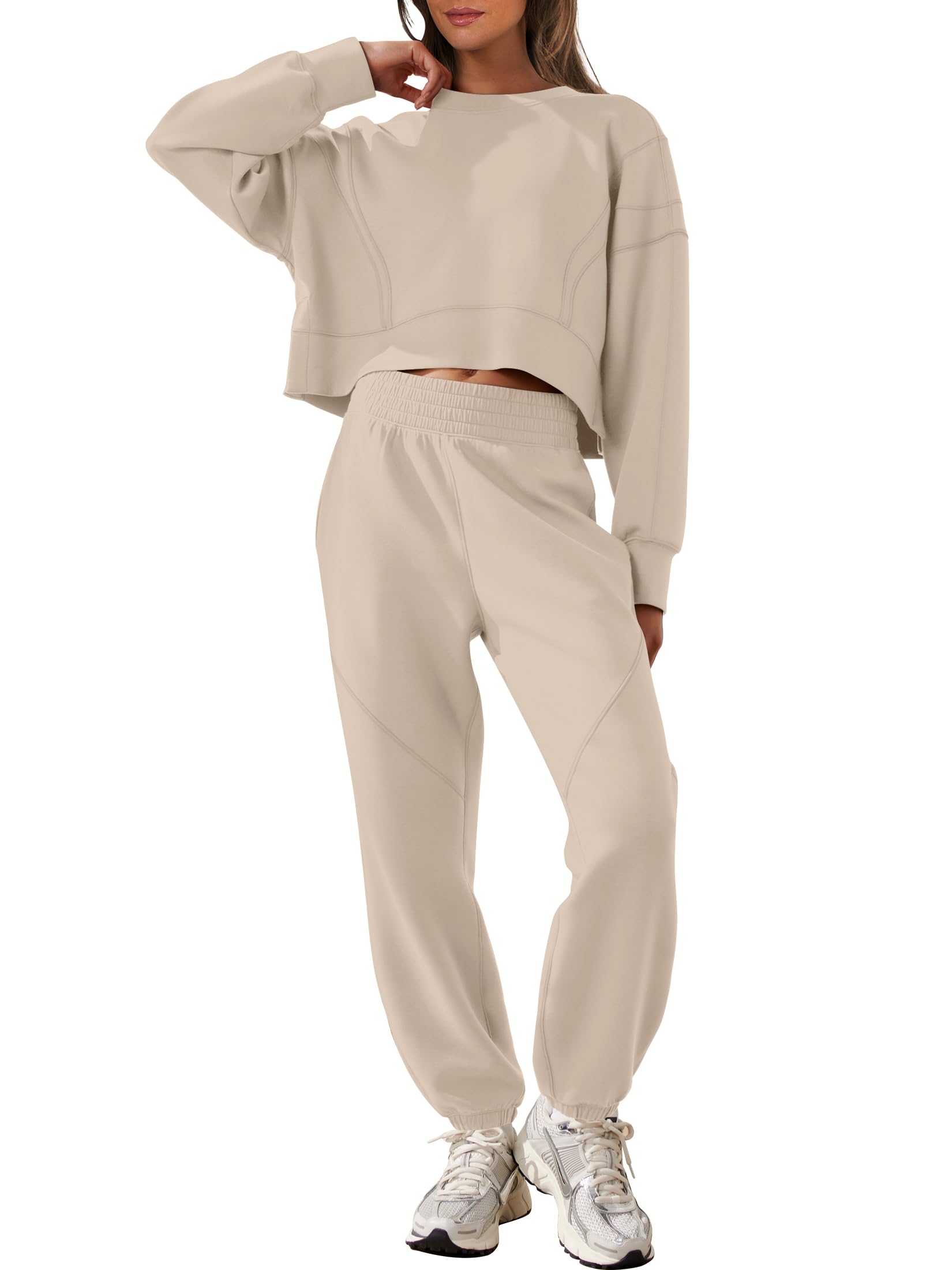 Photo 1 of ***TOP ONLYY**ANRABESS Womens 2 Piece Outfits Lounge Sets Cropped Sweatshirt & Joggers Fashion Sweatsuit Sweat Set 2025 Fall Travel Outfits Lighter Khaki Medium