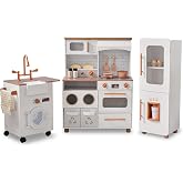 Teamson Kids Little Chef Savannah Off-White Play Kitchen | For Girls &amp; Boys, Sink &amp; Fridge Included, 21 Accessories, Ages 3+, Modular Design
