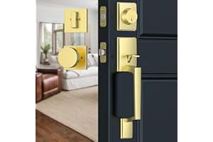 Calzibeno Front Door Lock Set, Gold Handle With Modern Knob, Exterior Lock, Reversible for Right & Left, Adjustable Deadbolt