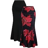 BEAUDRM Women's 2 Pack Fishtail Skirt Elegant Floral Ruched Skinny Bodycon Ruffle Long Skirts