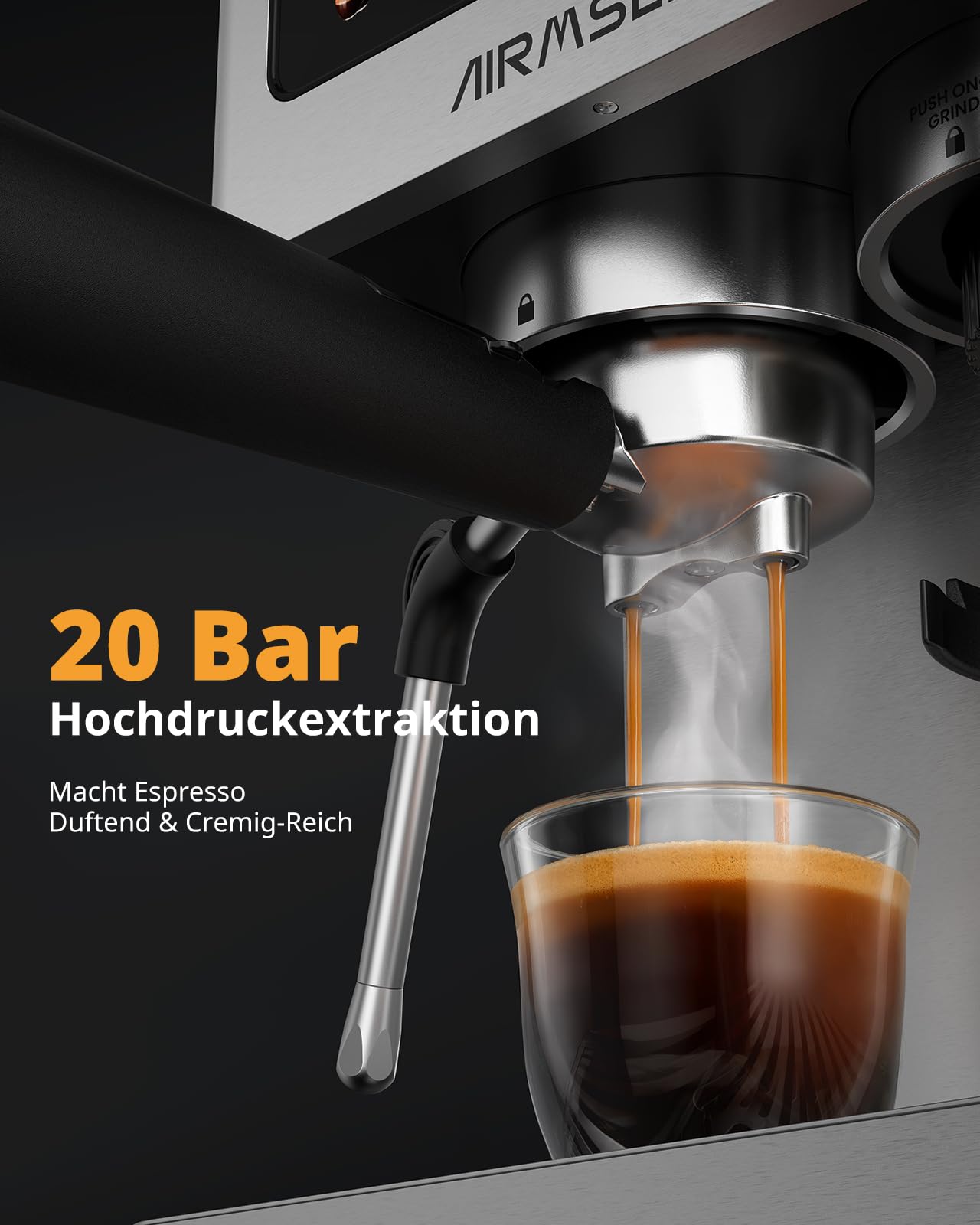 AIRMSEN 20 Bar Siebträgermaschine mit Kegelmahlwerk & Milchschäumer, 1.8L Wassertank, Edelstahl Espressomaschine Kaffeemaschine für Americano, Cappuccino und Latte 8