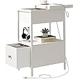 SOOWERY End Table with Charging Station, Narrow Side Table with Flip Top Cabinet and Fabric Drawer, Nightstand Bedside Tables for Small Spaces, Bedroom, Living Room, White