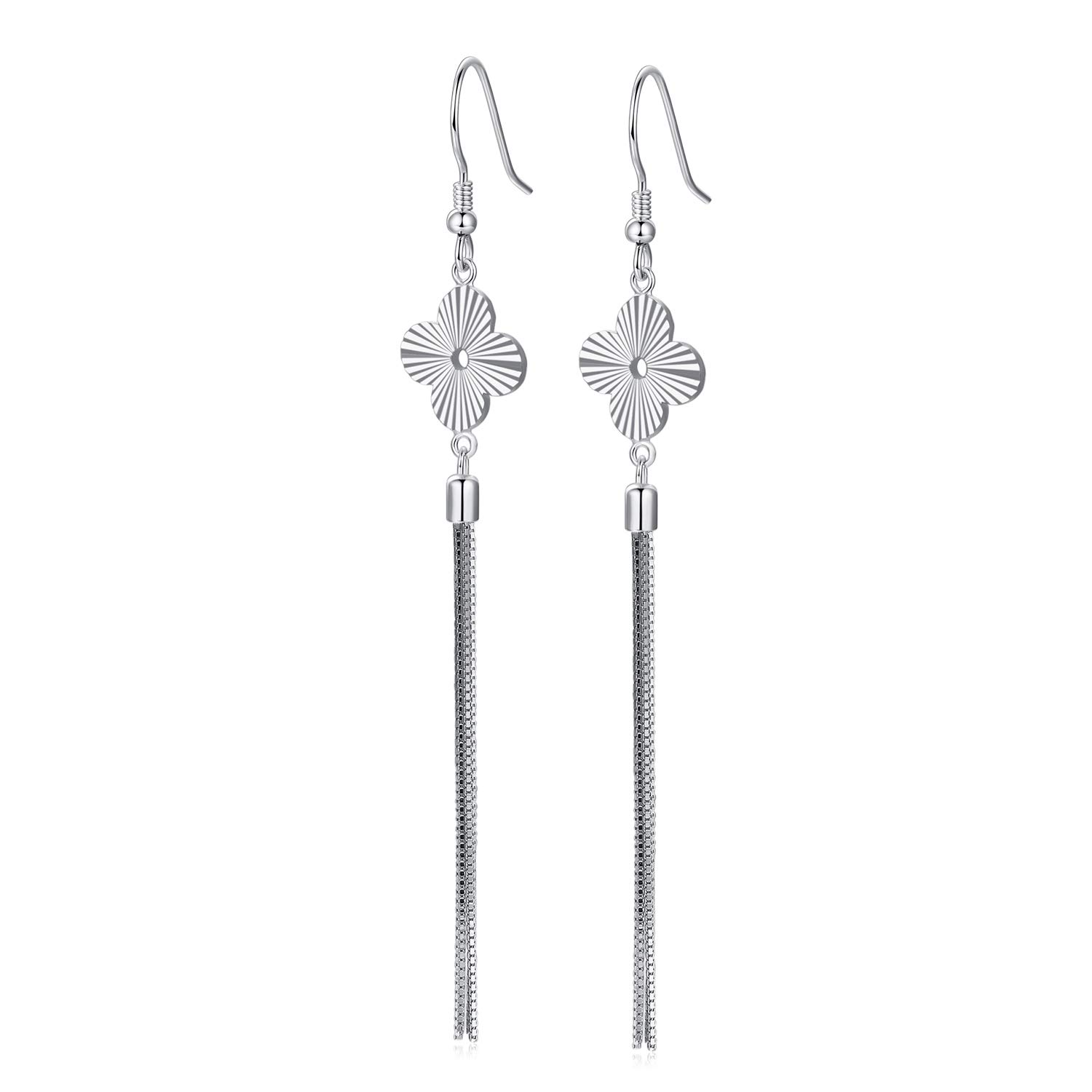 925 Sterling Silver Dangle Earrings Lucky Four Leaf Clover Earrings for Women Girls Fish Hook Chain Drop Earrings