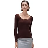 SUUKSESS Cloud Cashmere Women Lace Scoop Neck Tops Basic Long Sleeve Knit Shirts