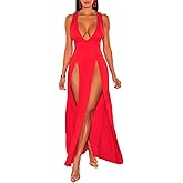 xxxiticat Women's Double Slit Maxi Tank Dress Sleeveless Deep V-Neck Low Cut High Split Cover Up Long Bodycon Wrap Dress