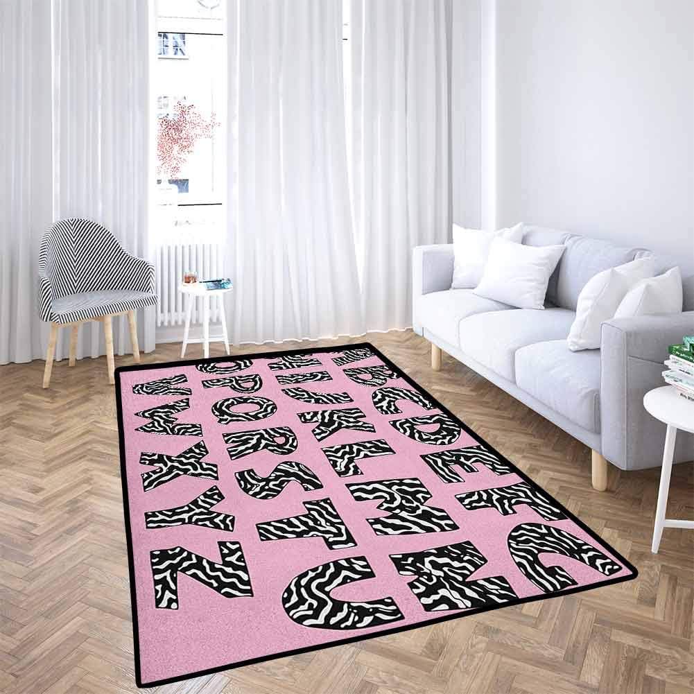 Pink Zebra Hallway Rug Funky Letters Written in Zebra Skin Stripes Animal Theme Design Machine Washable Baby Pink Black and White 6x9 Feet