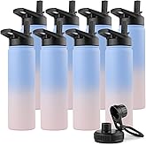 DOMICARE Insulated Water Bottle, 22 oz Vacuum Insulated Stainless Steel Reusable Sports Bottle with Straw Lid & Spout Lid for Travel, Camping, Bike, Leakproof, Blue/Pink, 8 Pack