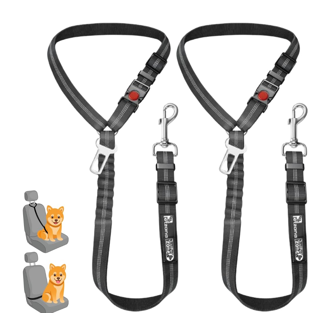 Comfortable Dog Seat Belt Harness for Car - 2-in-1 Leash and Restraint Secures to Headrest. Adjustable Bungee, Strong, Durable, 360 Degree Swivel Attach Won't Twist, Reflective, Easy to Use (Black)