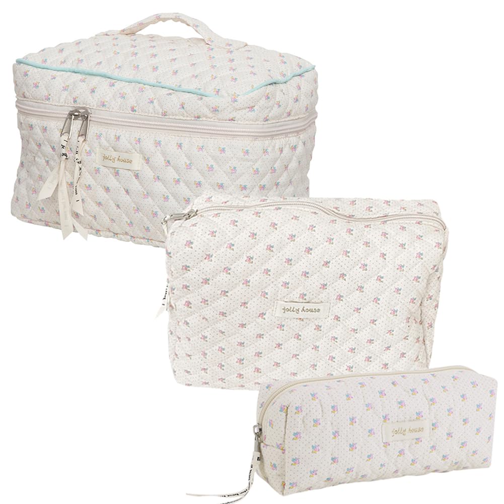 3Pcs Coquette Makeup Bag Aesthetic Cosmetic Bag Quilted Makeup Bag Cotton Floral Toiletry Bag Large Travel Cosmetic Bag Floral Makeup Organizer Bag Makeup Pouch