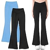 KornaDoz Girls Flare Leggings, Crossover Mid Waist Yoga Pants with Pockets, Kids Black Split Hem Bell Bottom Active Pants