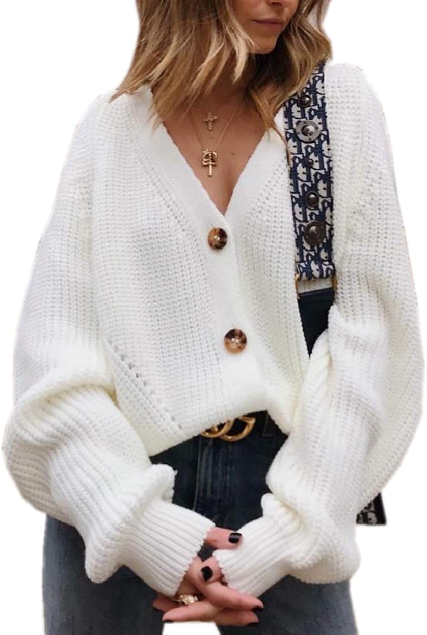 Asskdan Women's V Neckline Button Down Knitwear Lantern Sleeve Basic Knit Cardigan Sweater Tops at  Women’s Clothing store
